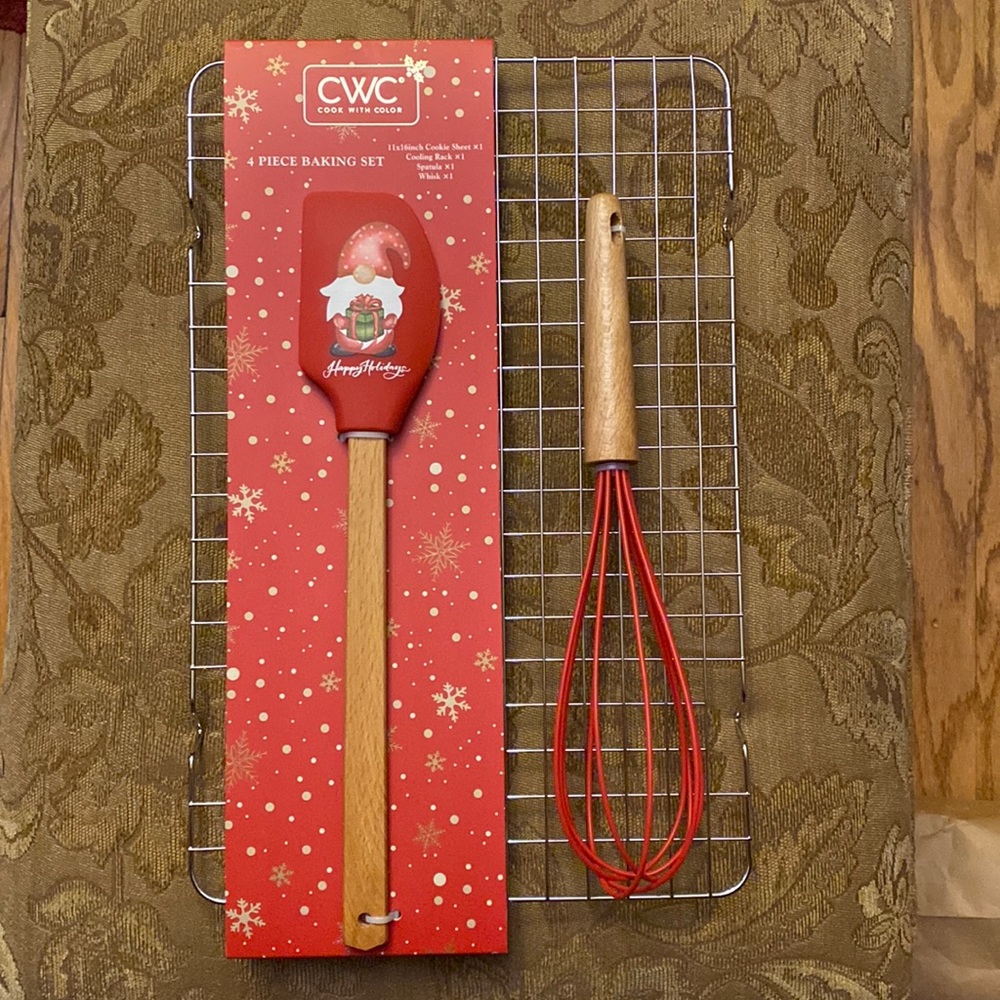 Happy Holidays CWC 3 piece baking set RED WHISK SPATULA cooking rack NEW NWT